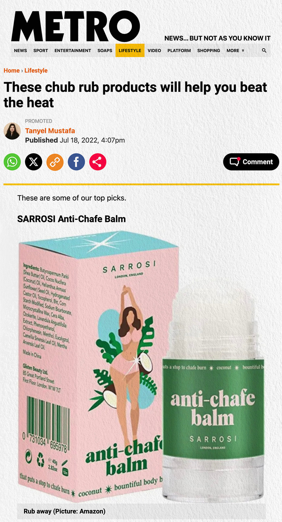 Sarrosi Anti-Chafe Balm praised by major outlets - featured in Stylist, The Independent, Vogue, Evening Standard, and Metro, highlighting its effectiveness and popularity as a leading solution for preventing skin chafing and irritation in active lifestyles.