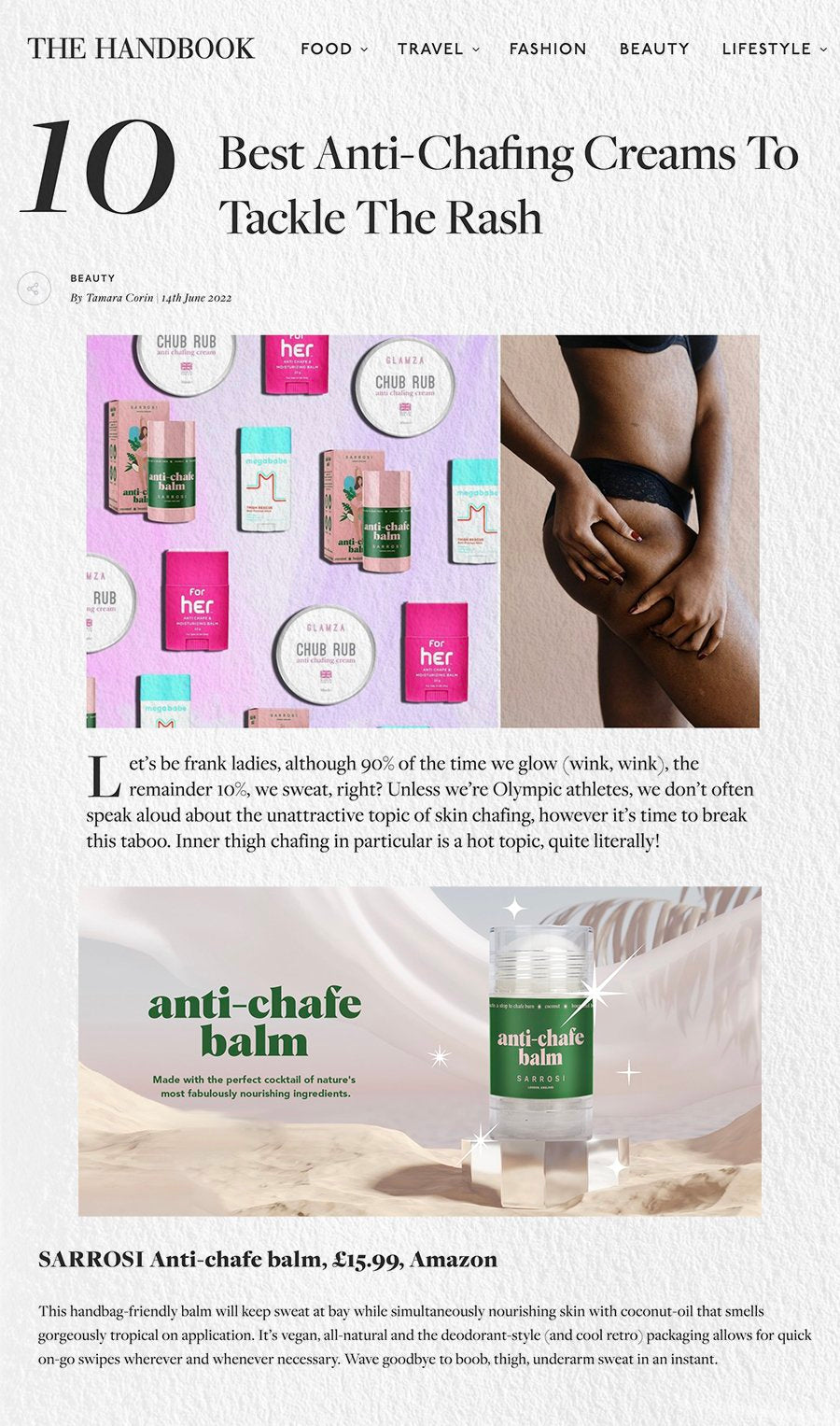 Sarrosi Anti-Chafe Balm praised by major outlets - featured in Stylist, The Independent, Vogue, Evening Standard, and Metro, highlighting its effectiveness and popularity as a leading solution for preventing skin chafing and irritation in active lifestyles.