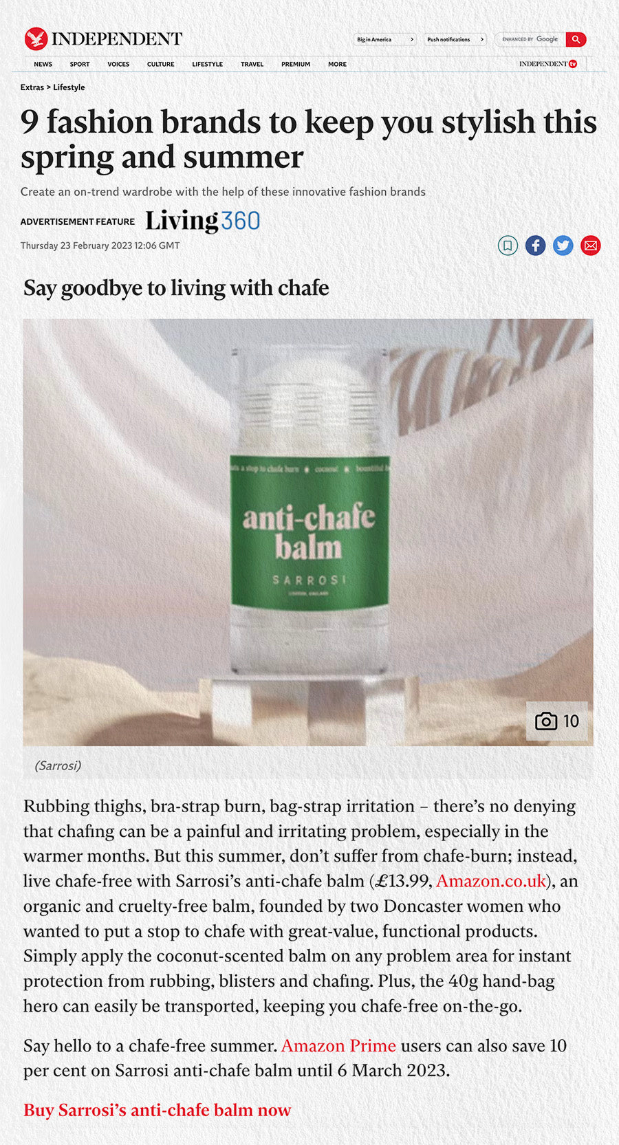 Sarrosi Anti-Chafe Balm praised by major outlets - featured in Stylist, The Independent, Vogue, Evening Standard, and Metro, highlighting its effectiveness and popularity as a leading solution for preventing skin chafing and irritation in active lifestyles.